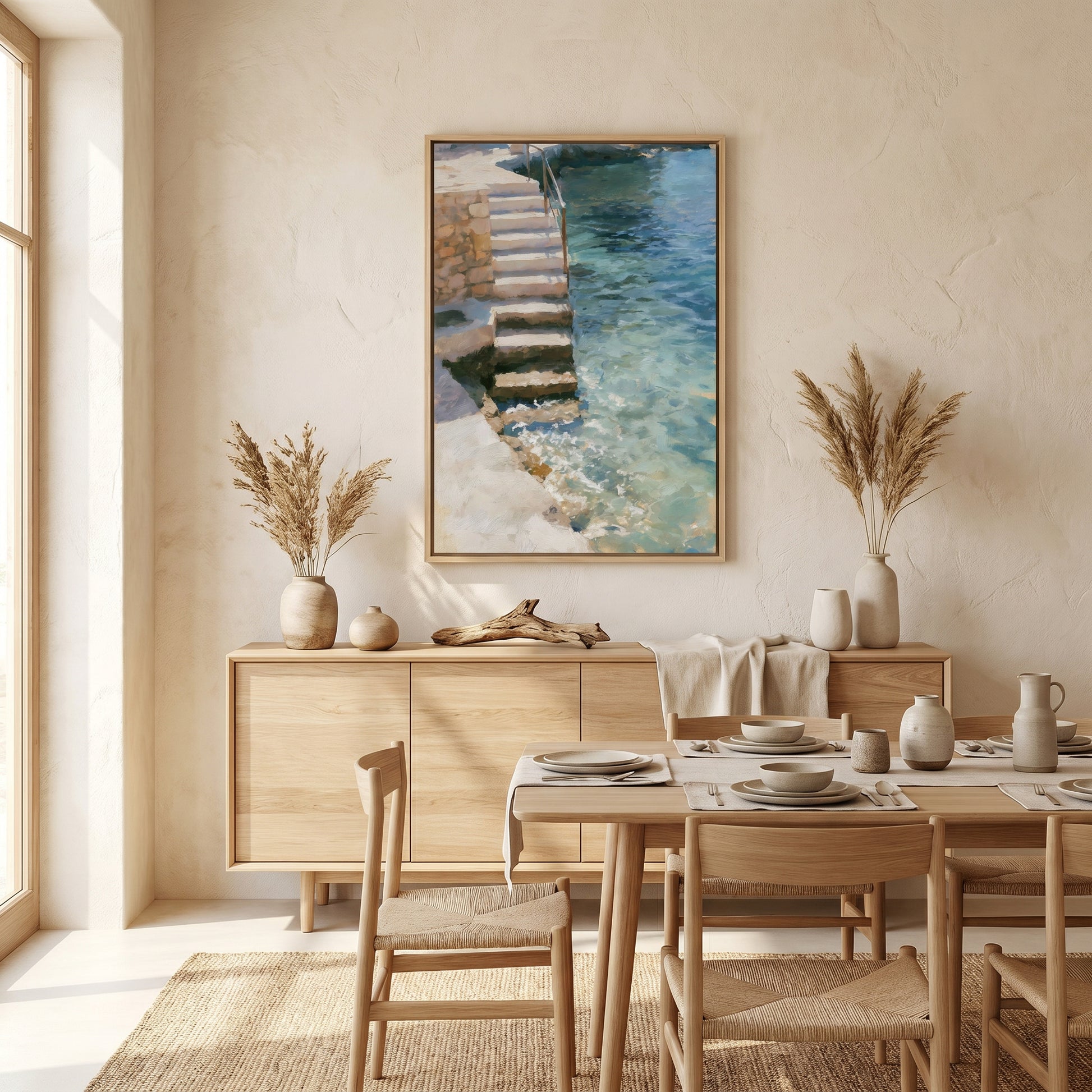 a serene dining room with a wooden table set for two, surrounded by matching chairs. A large painting of a staircase leading to a pool is hanging on the wall above the table, adding a touch of elegance to the space. The room is decorated with potted plants and vases, creating a warm and inviting atmosphere.