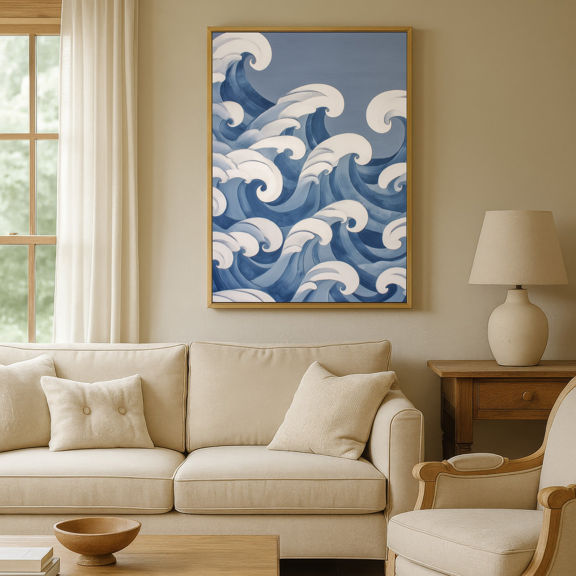 a cozy living room with a large blue and white wave painting hanging on the wall above a beige sofa and armchair. The room is furnished with a wooden coffee table and a lamp, creating a warm and inviting atmosphere.