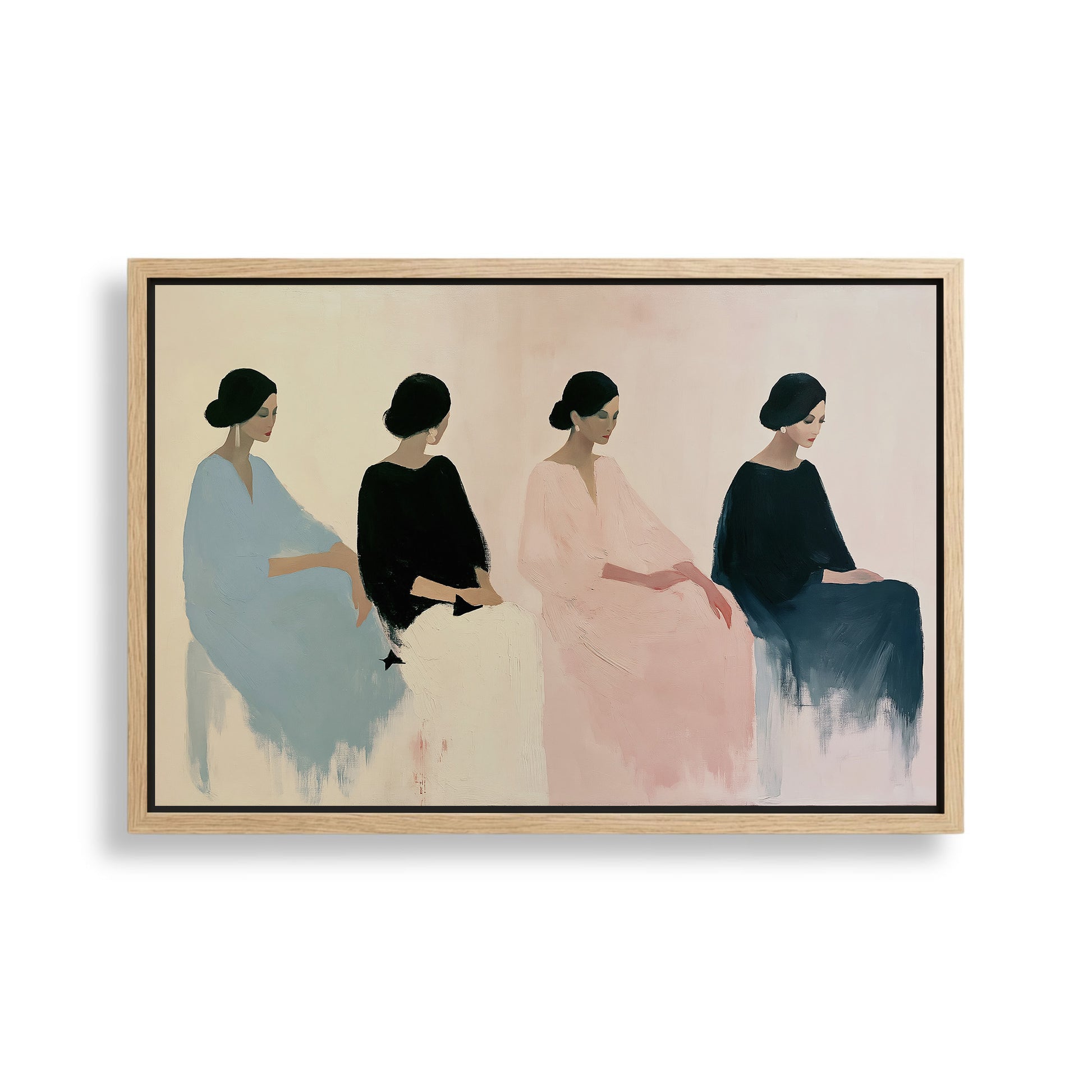 The image is a painting of four women in different colored dresses, arranged in a row and facing away from the viewer.