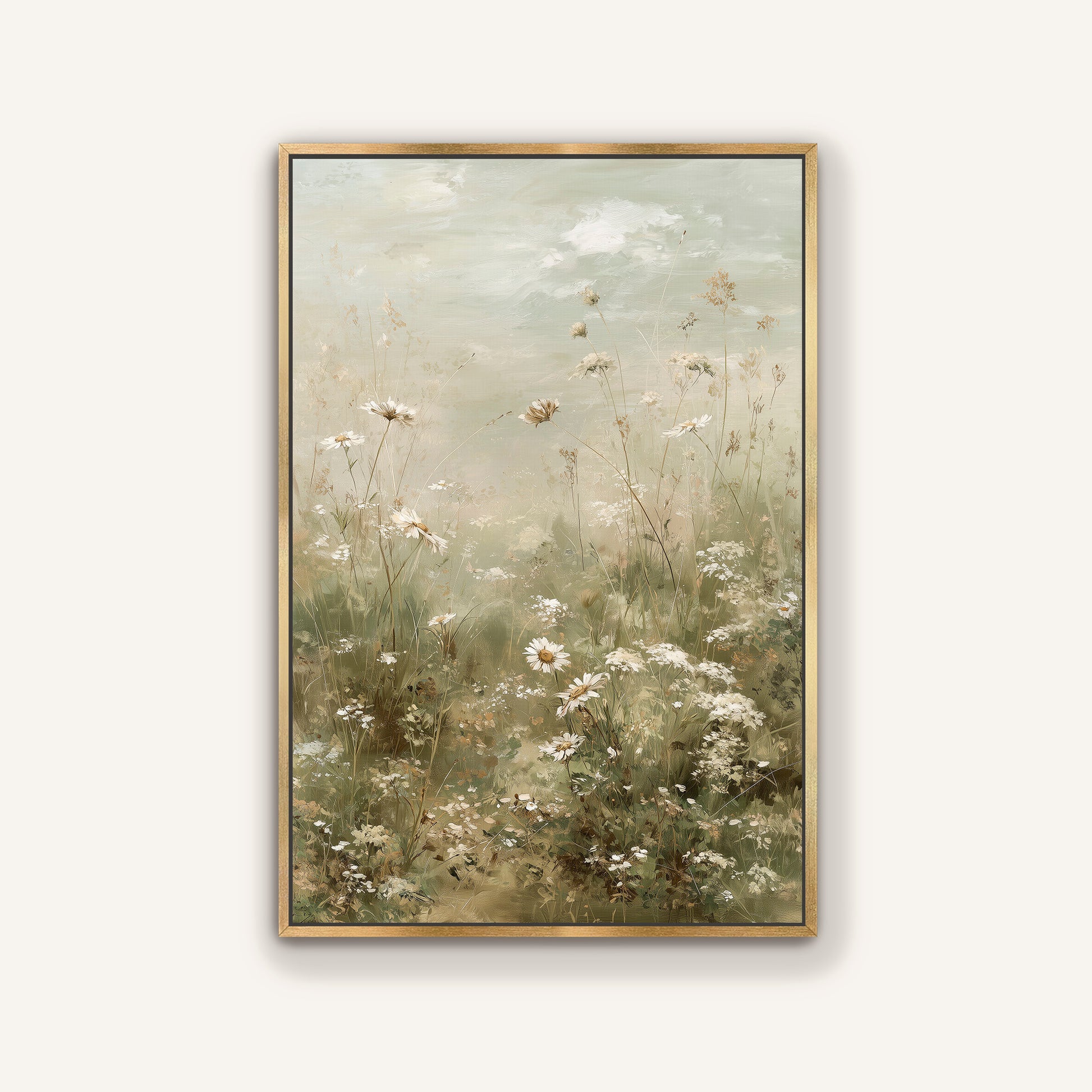The image is a painting of a field of white flowers, with tall grasses and a cloudy sky in the background.