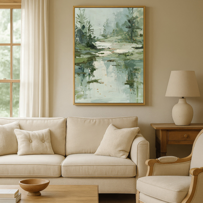 a cozy living room with a large painting of a serene landscape hanging on the wall above a beige sofa and armchair. The room is furnished with a wooden coffee table and a lamp, creating a warm and inviting atmosphere.