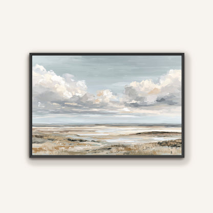 The image is a framed painting depicting a serene landscape with a vast sky filled with fluffy white clouds and a calm body of water in the distance.
