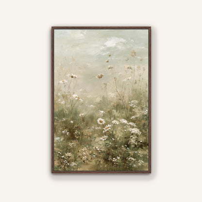 The image is a painting of a field of white flowers, with tall grasses and a cloudy sky in the background.