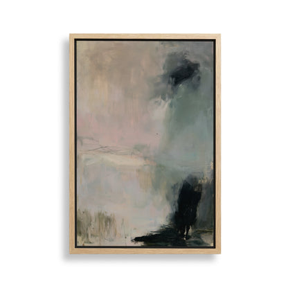 The image is an abstract painting with a predominantly light blue and green color palette, featuring a large black shape in the bottom right corner.