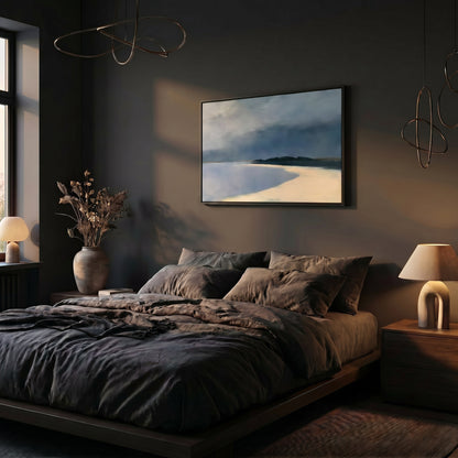 a serene and modern bedroom with a large bed, a painting of a beach, and a lamp on a nightstand.