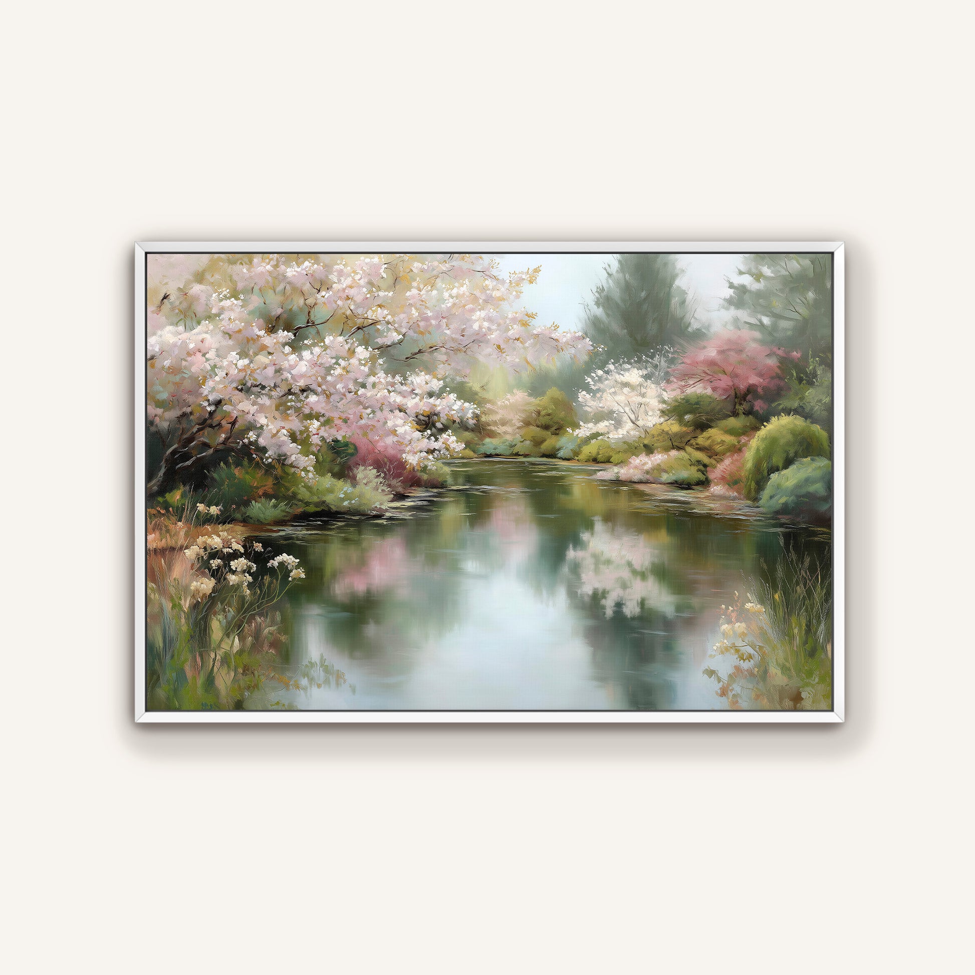 A serene landscape painting depicting a tranquil pond surrounded by blooming trees and lush greenery.