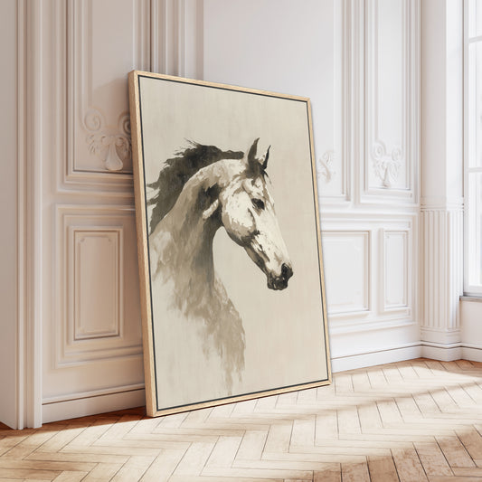 a large, framed painting of a horse's head leaning against a white wall.