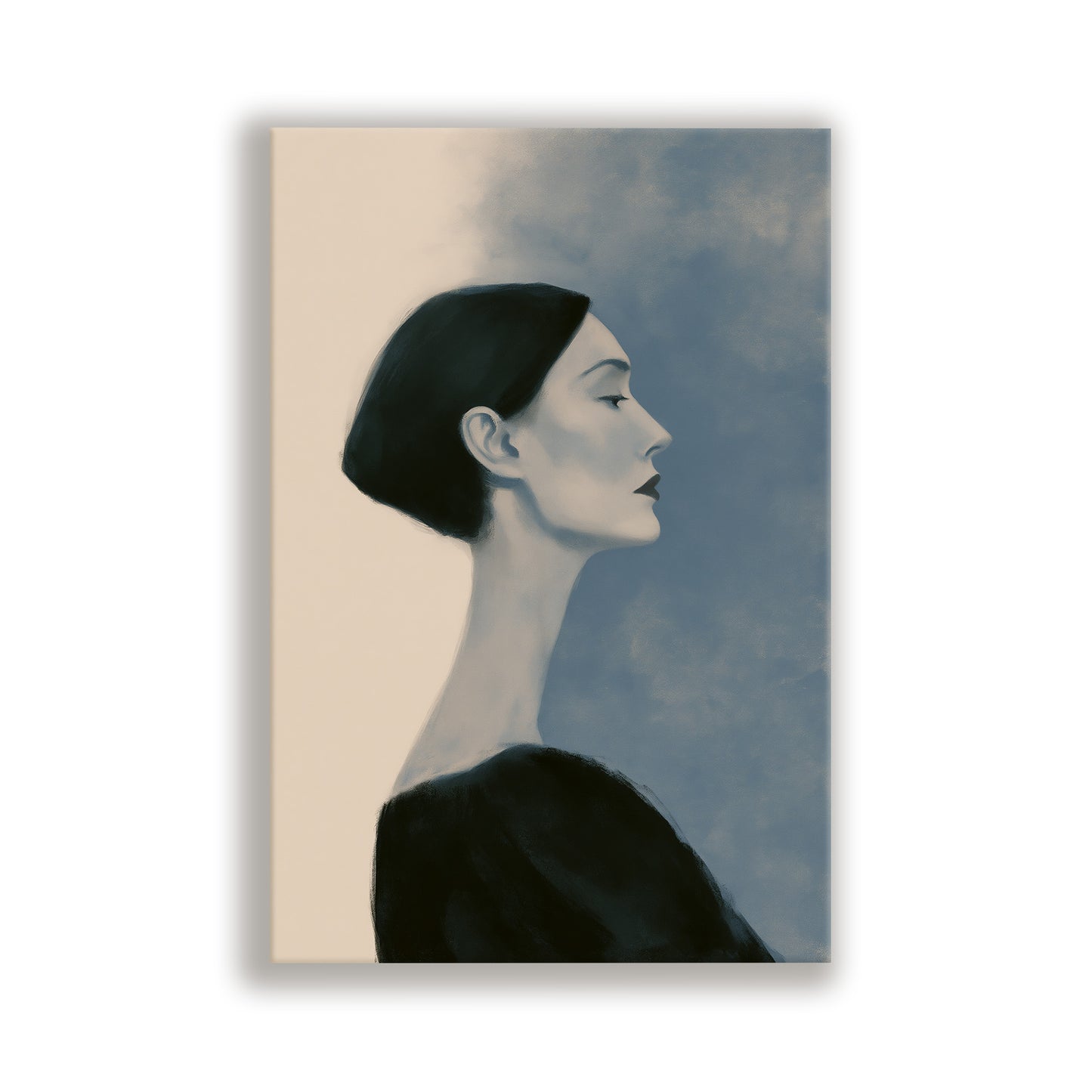 A black and white portrait of a woman with a pensive expression, wearing a dark top.