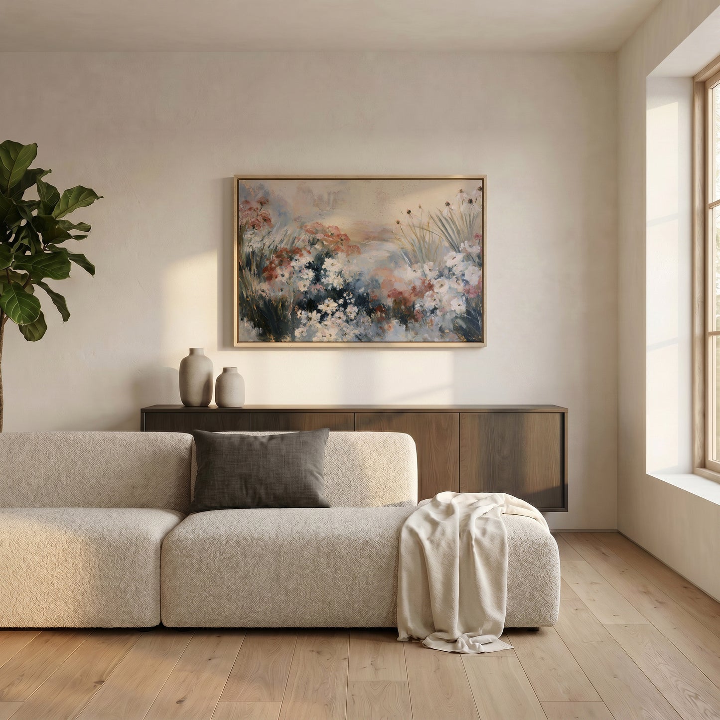 a serene living room with a large, framed painting of flowers hanging on the wall above a beige sofa. The sofa is adorned with a gray throw blanket and a small plant. The room has a wooden floor and a window that allows natural light to fill the space.
