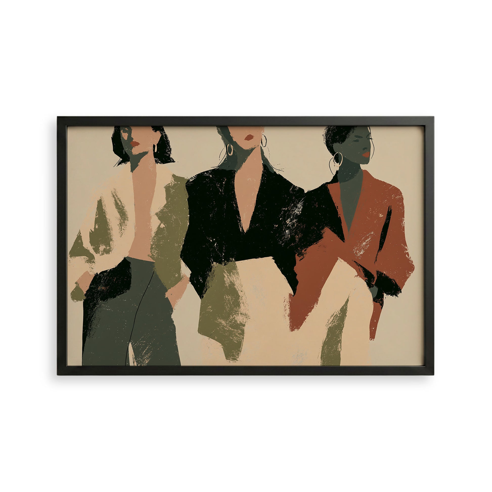 The image is a framed print featuring three stylized human figures in different outfits, arranged in a grid-like pattern.