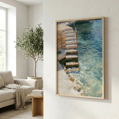 a serene indoor setting with a painting of a staircase leading to a pool of water, a potted plant, and a wooden table with books.