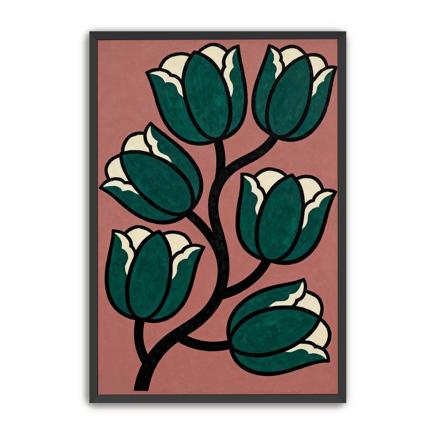 a vibrant floral design with six stylized green tulips arranged in a symmetrical pattern against a pink background.