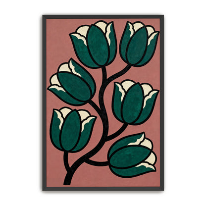 a vibrant floral design with six stylized green tulips arranged in a symmetrical pattern against a pink background.