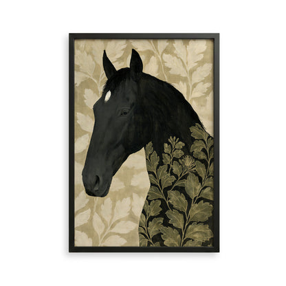 The image is a framed artwork depicting a black horse with a leafy pattern on its body.