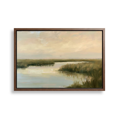 The image is a framed painting depicting a serene landscape with a body of water and lush vegetation.