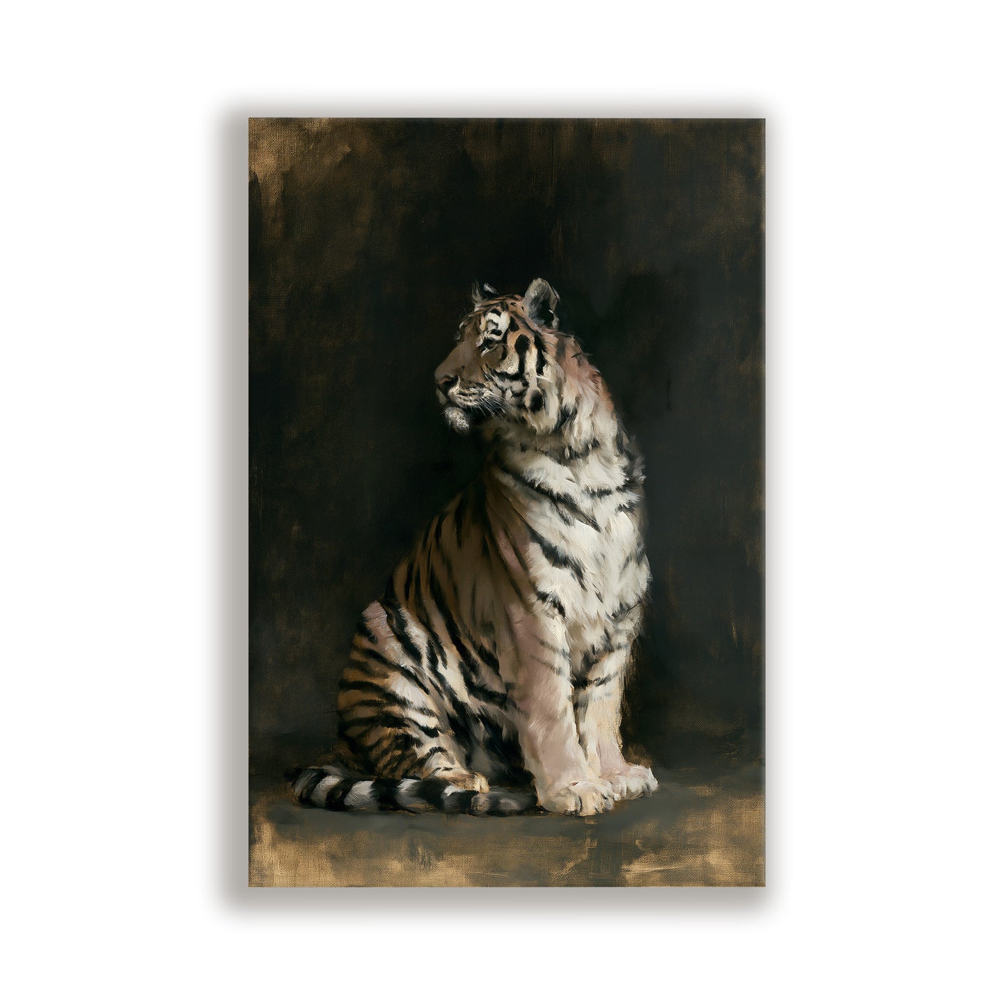 A tiger sitting on a dark surface, facing to the right.