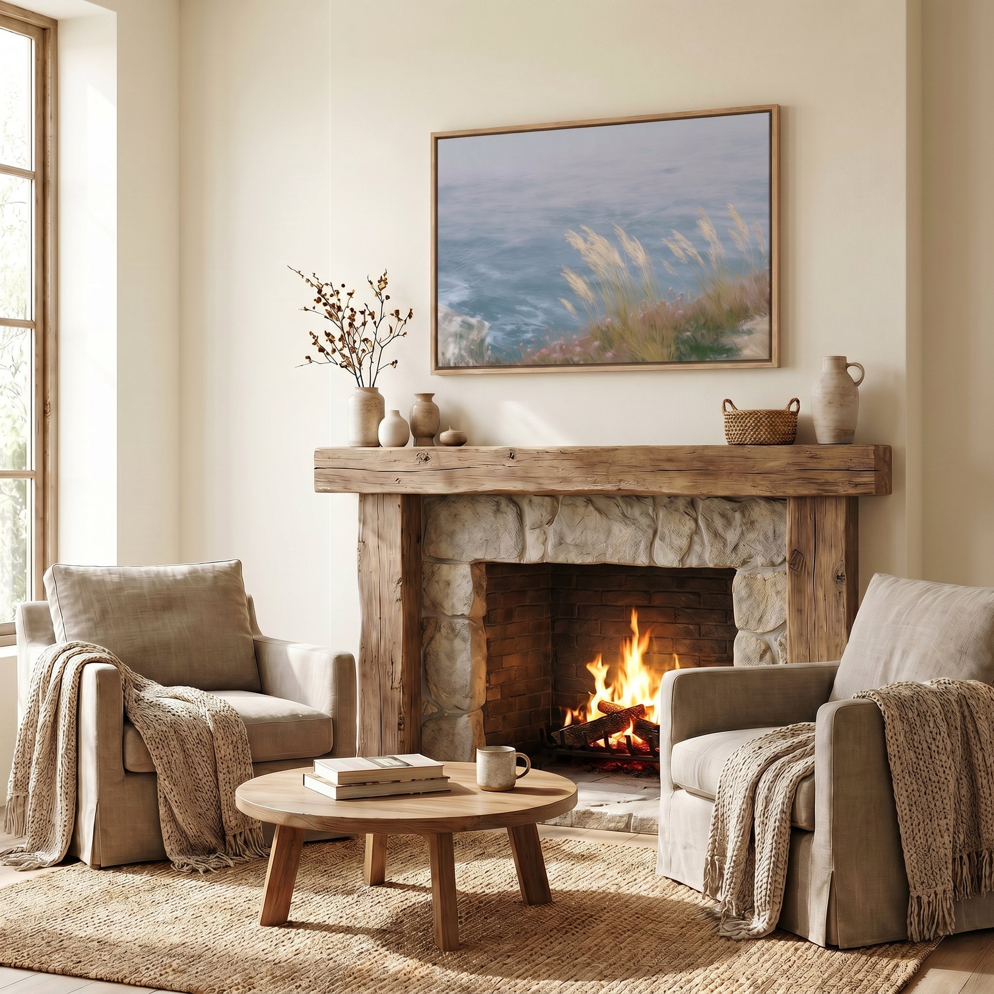 a cozy living room with a fireplace, a wooden coffee table, and two armchairs. Above the fireplace, there is a framed painting of a serene landscape.
