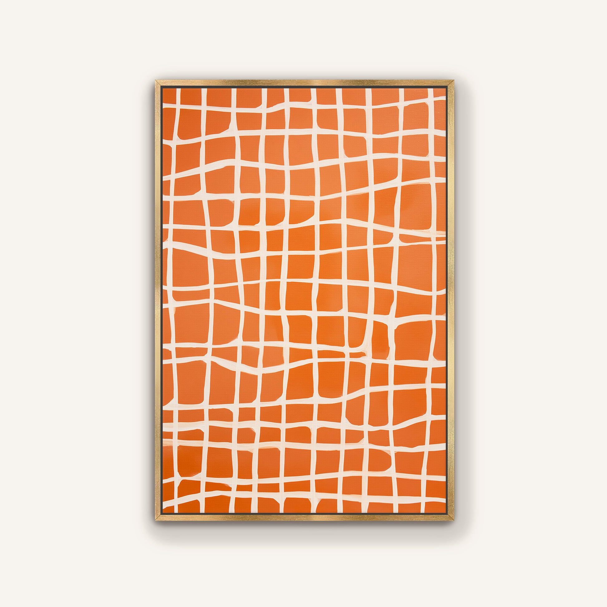 a square-shaped artwork with a grid-like pattern of orange and white squares.