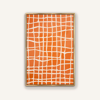 a square-shaped artwork with a grid-like pattern of orange and white squares.
