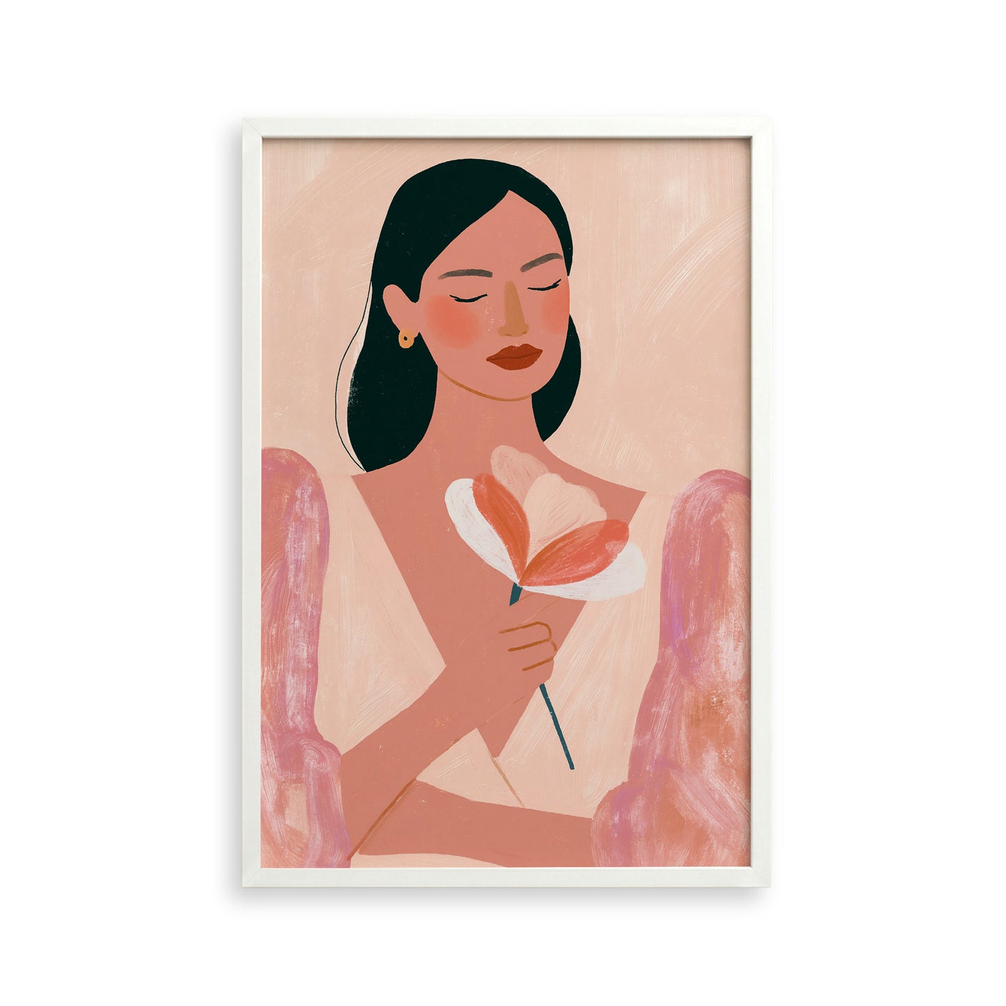 The image is a framed illustration of a woman holding a flower.