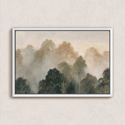 Fable Canvas Print featuring soft mist over layered treetops in muted olive and ivory tones with archival-quality gallery wrapped canvas and white frame