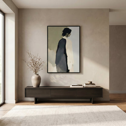 a minimalist living room with a large painting of a person in a black and white outfit hanging on the wall above a dark wooden entertainment center. The entertainment center has a vase of branches and some books on top. The room has a neutral color scheme with a white rug on the floor and a large window providing natural light.