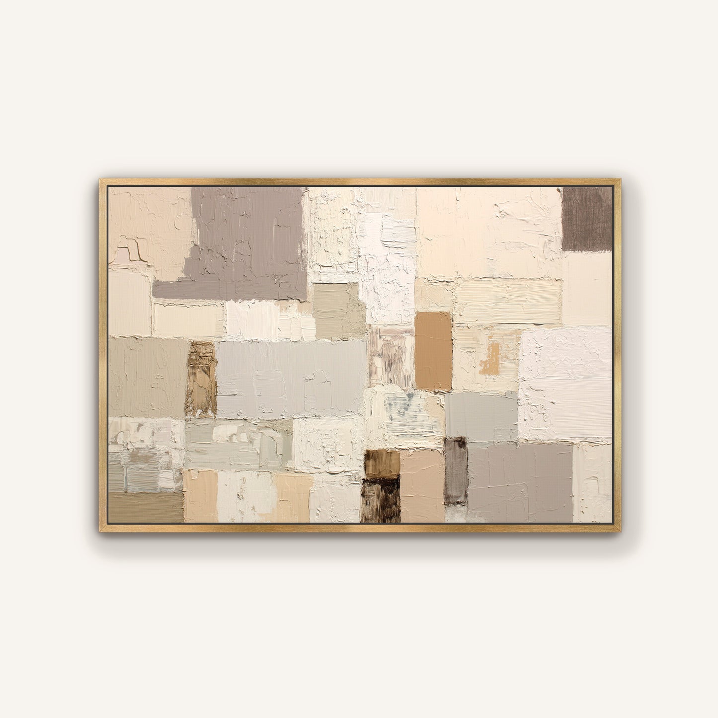 The image is a large abstract painting with a variety of colors and textures, including shades of beige, gray, and brown. The painting is framed and displayed on a wall.