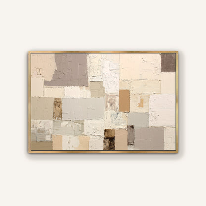 The image is a large abstract painting with a variety of colors and textures, including shades of beige, gray, and brown. The painting is framed and displayed on a wall.