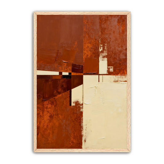 The image is an abstract painting with bold, warm colors and a textured, rust-colored background.
