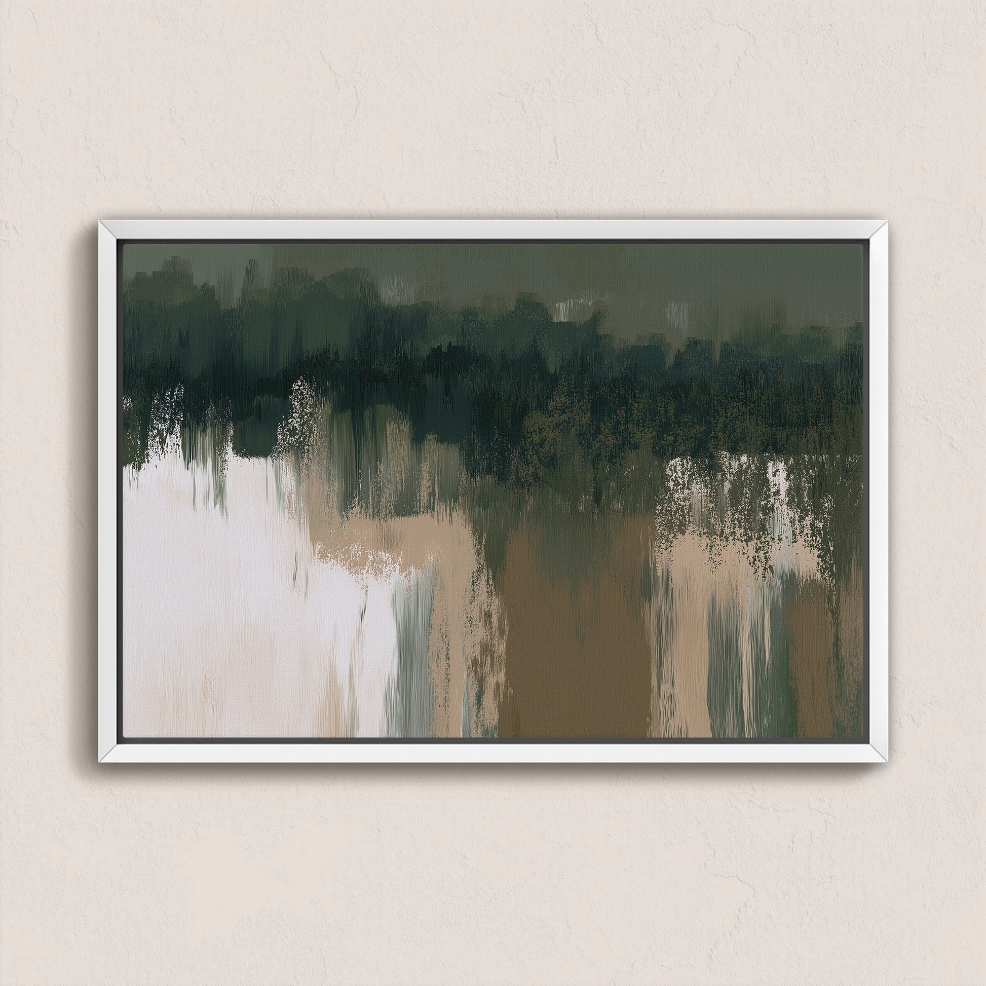 Abstract Forestline canvas print with layered greens, taupe, and ivory in a sleek white frame