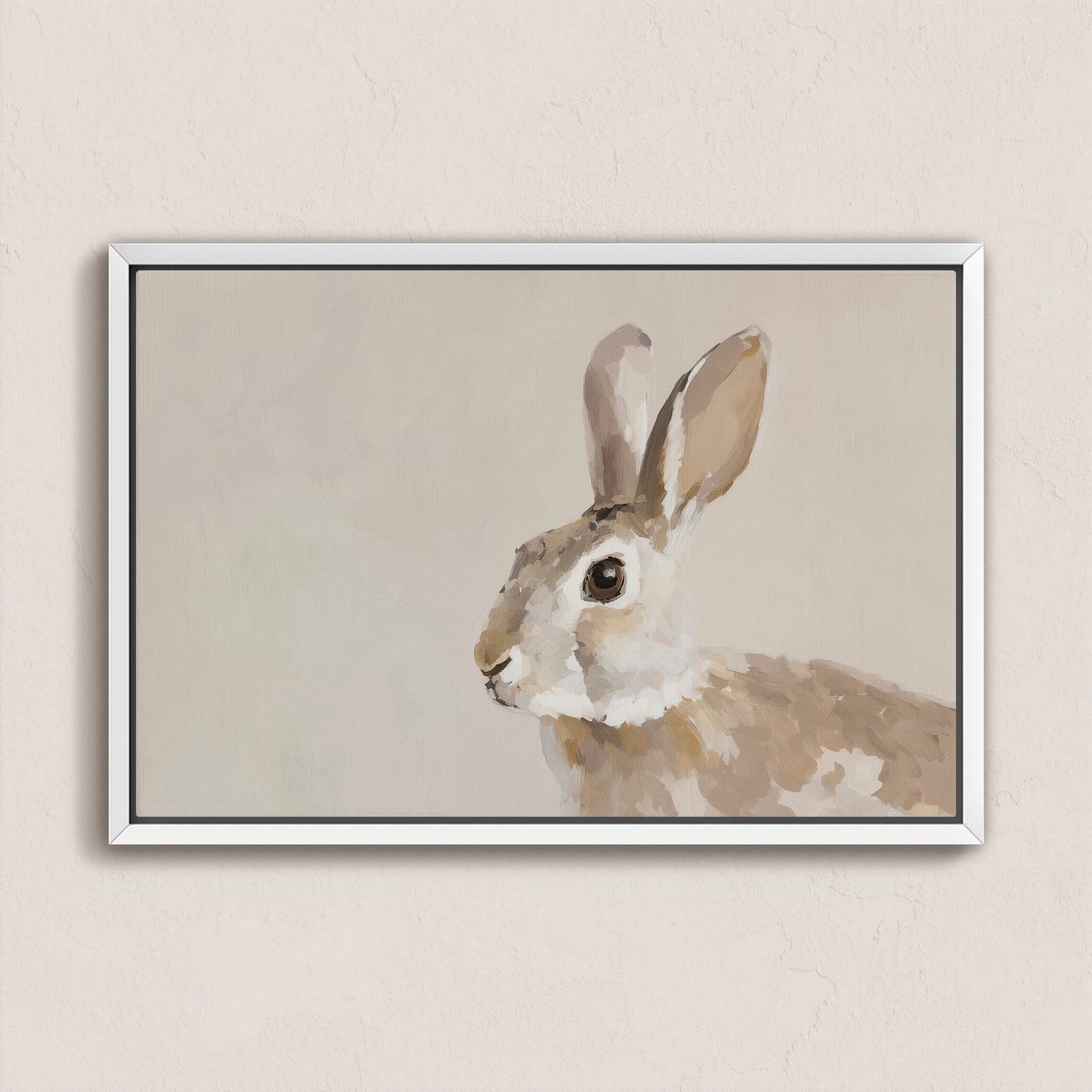 Minimalist Clover Canvas Print of a neutral-toned rabbit painting in a white frame