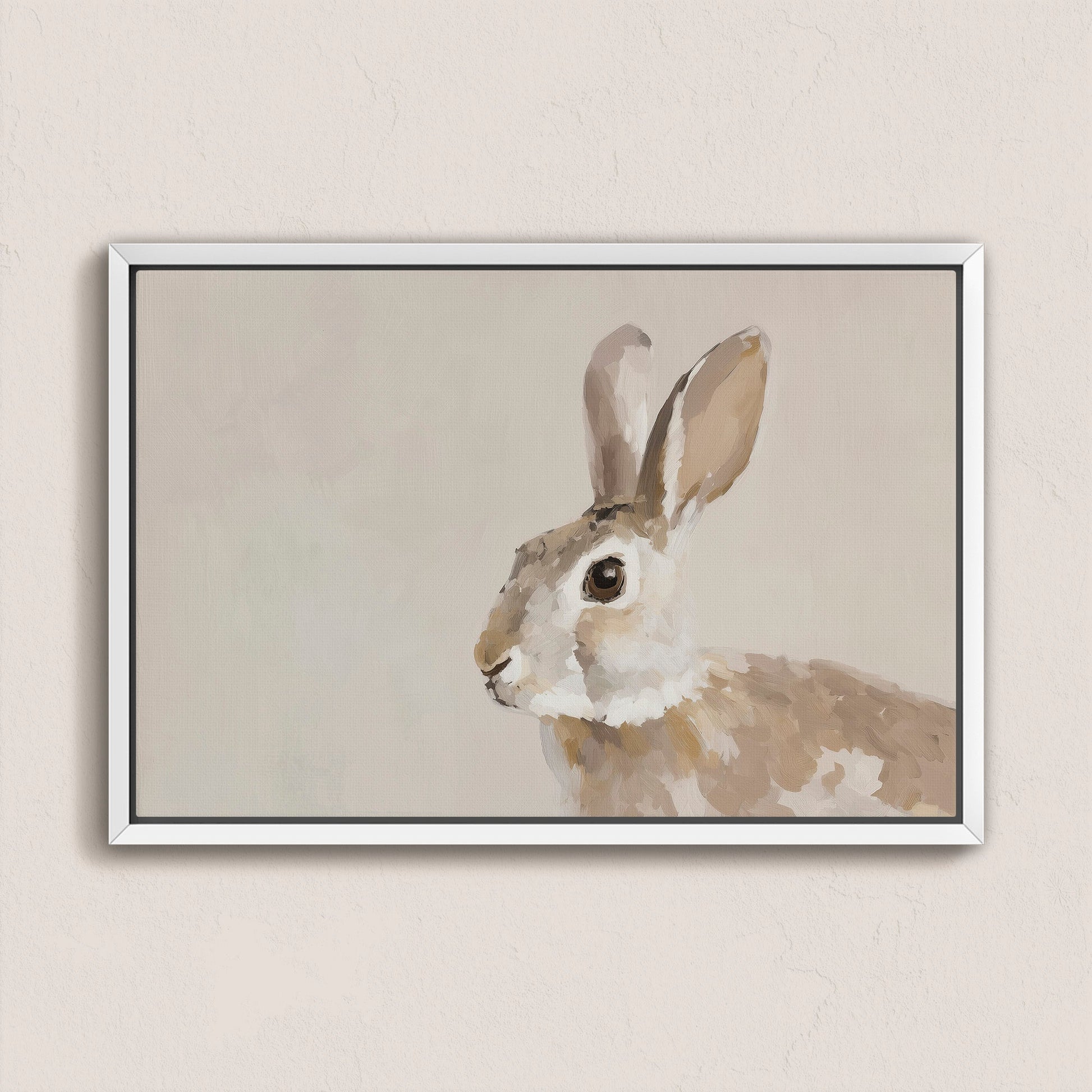 Minimalist Clover Canvas Print of a neutral-toned rabbit painting in a white frame