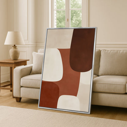 Abstract 'Formation' canvas print with sienna, ivory, and espresso tones in a modern earthy design, displayed in a living room.