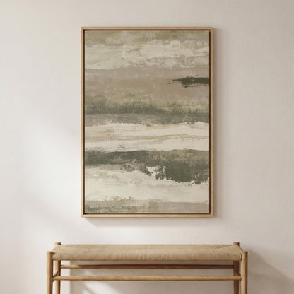 a large abstract painting hanging on a white wall above a wooden bench.