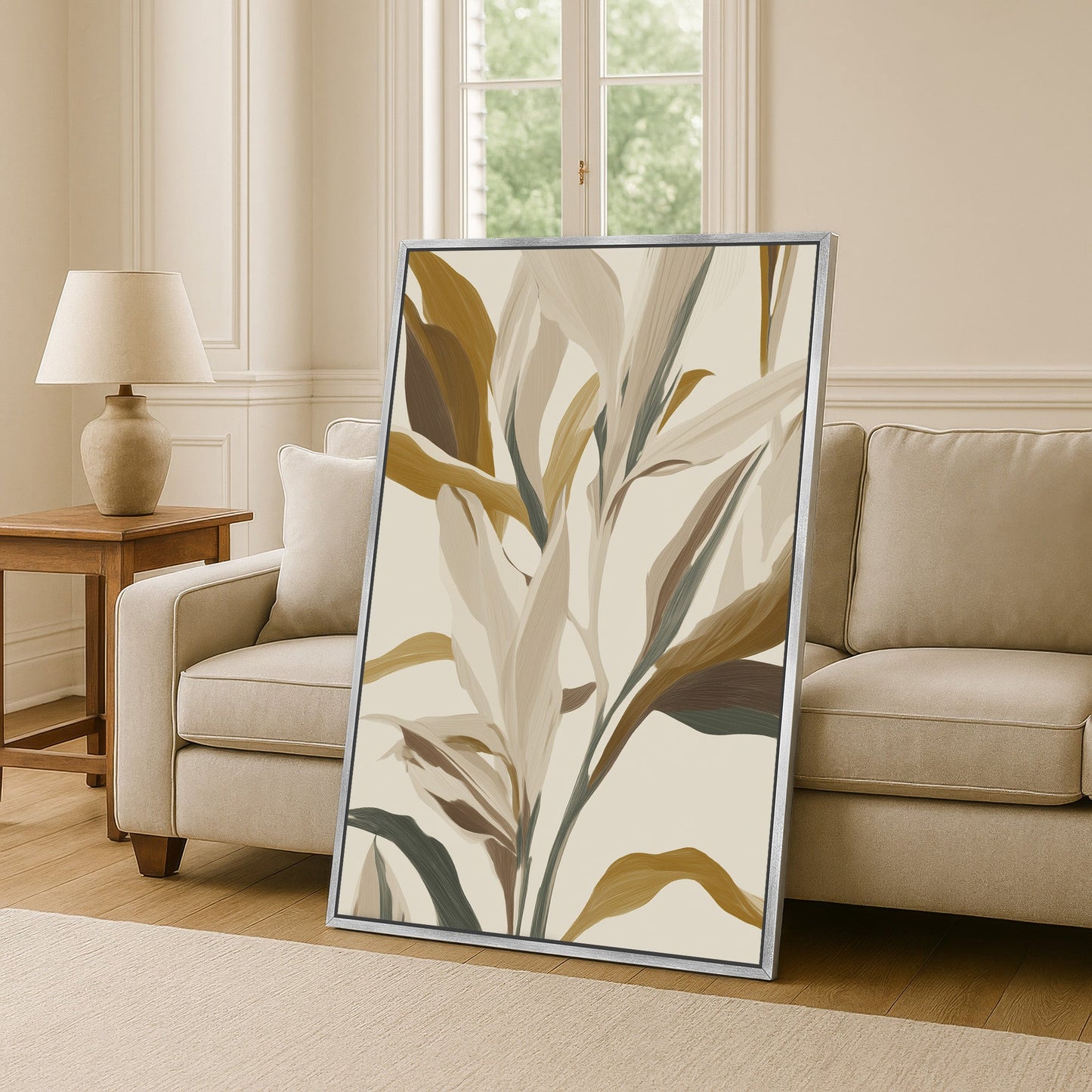 Lilt Canvas Print with earthy gold, taupe, and sage botanical leaves in a modern minimalist living room setting