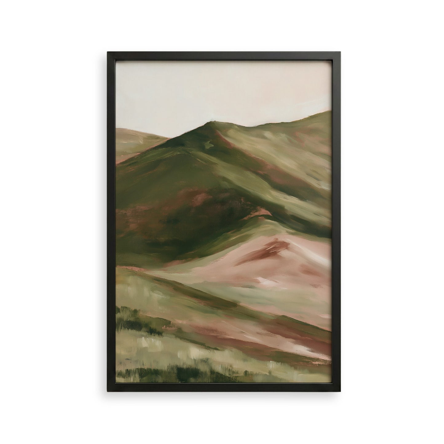 The image is a framed painting depicting a mountainous landscape with rolling hills and valleys in shades of green and brown.
