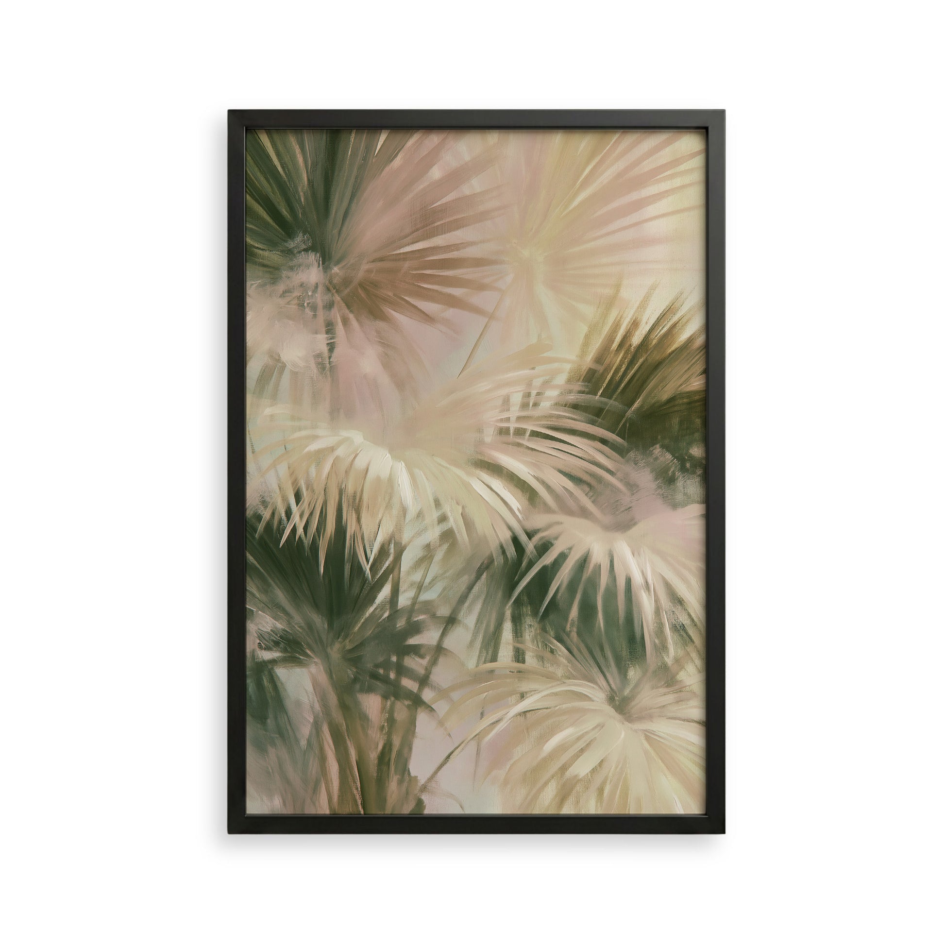 The image is a framed print featuring a close-up view of palm leaves in various shades of green and beige.