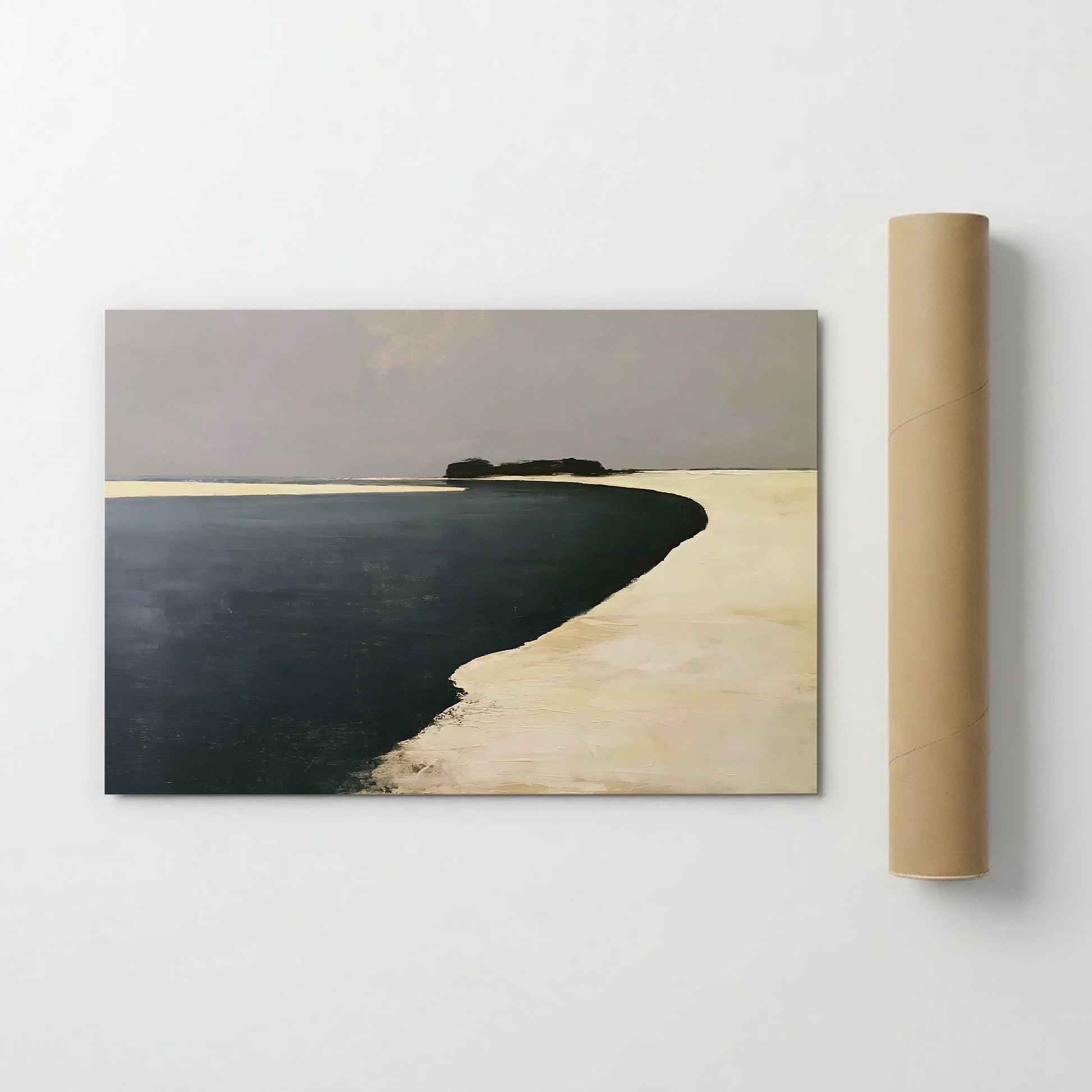 The image is a painting of a beach scene, depicting a sandy beach with a body of water in the background.