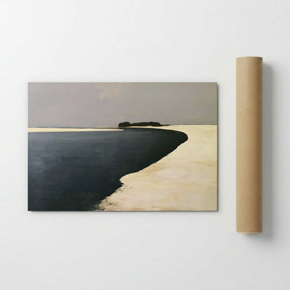 The image is a painting of a beach scene, depicting a sandy beach with a body of water in the background.