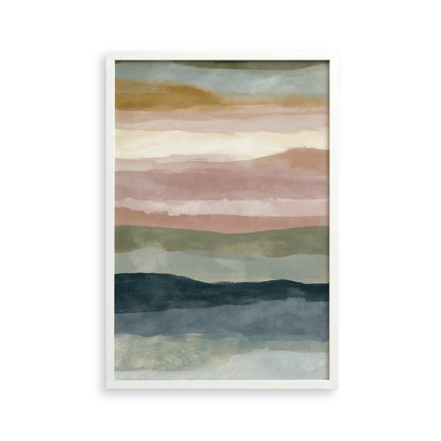 The image is a framed abstract painting with horizontal stripes in various colors, including shades of green, blue, and pink.