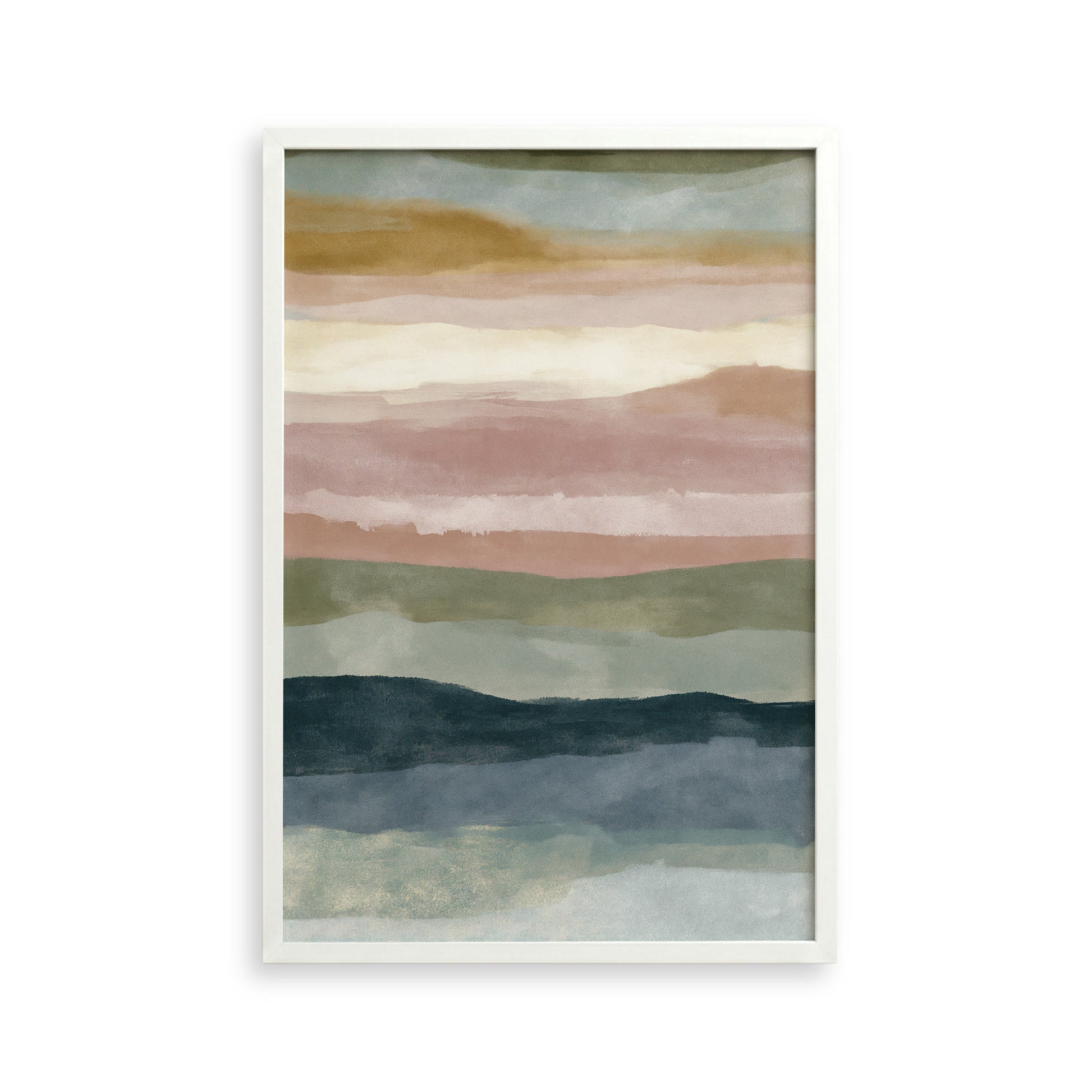 The image is a framed abstract painting with horizontal stripes in various colors, including shades of green, blue, and pink.