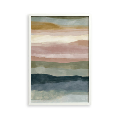 The image is a framed abstract painting with horizontal stripes in various colors, including shades of green, blue, and pink.