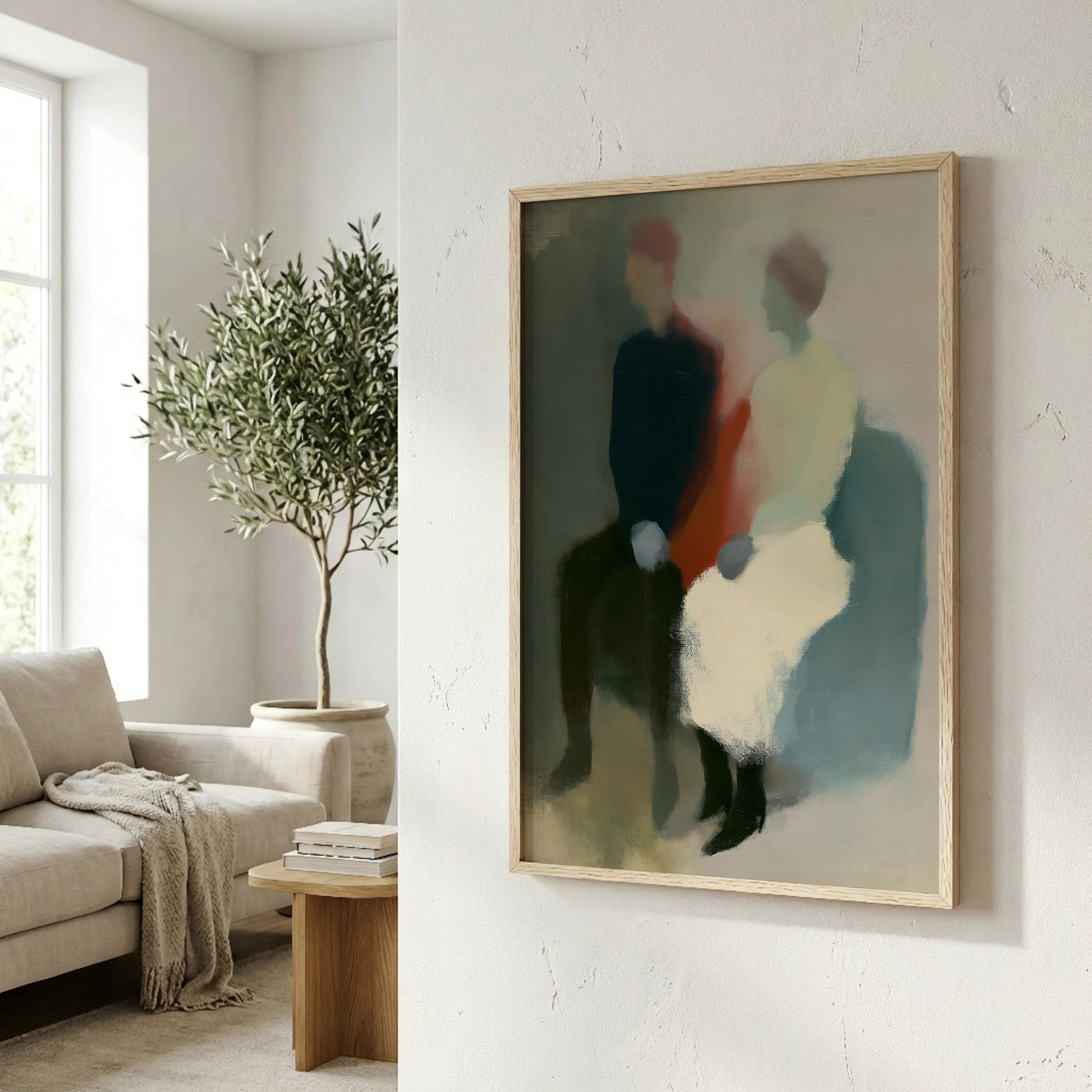 a living room with a large abstract painting hanging on the wall, a sofa, a potted plant, and a wooden side table.