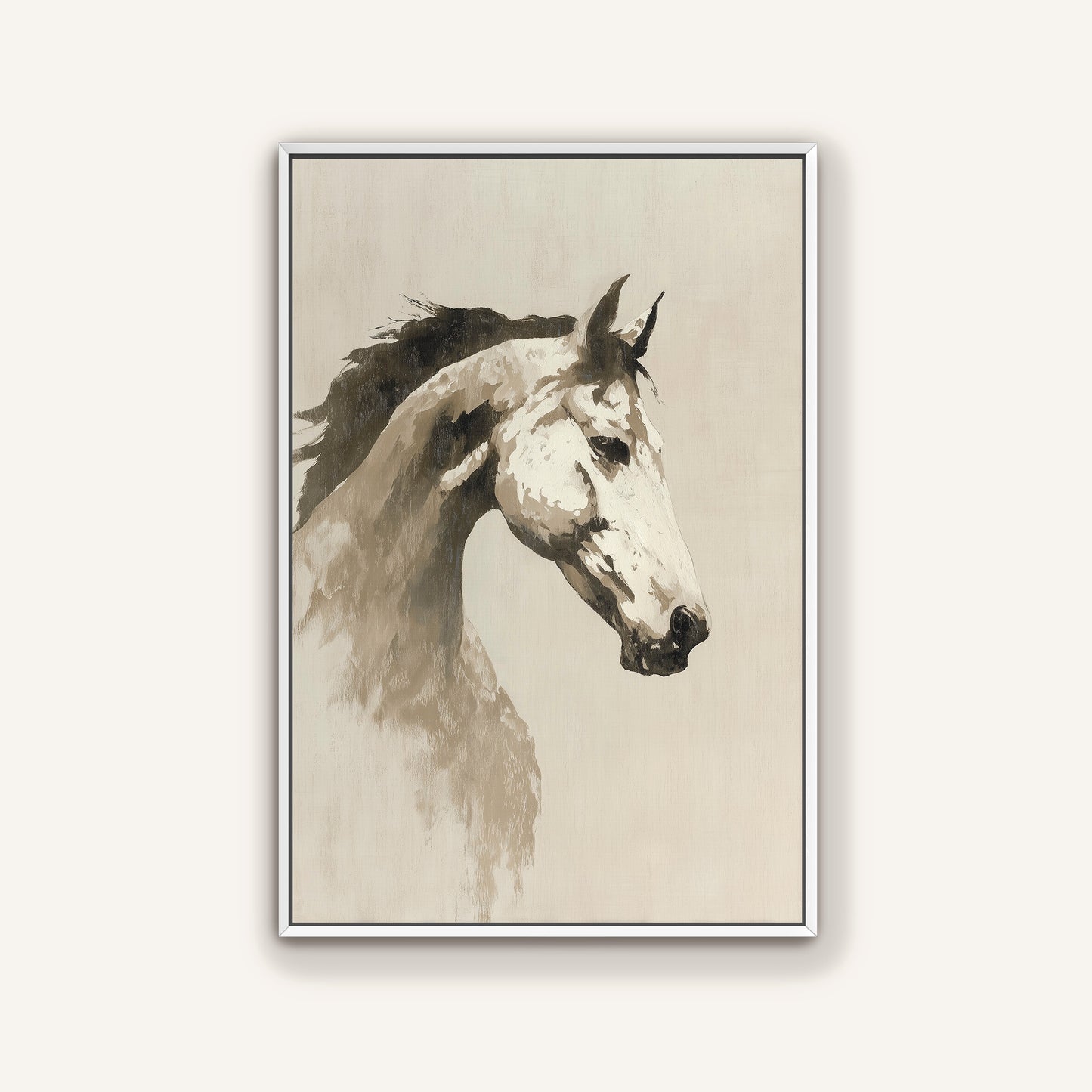 A black and white portrait of a horse, with its head turned to the side and its mane flowing.