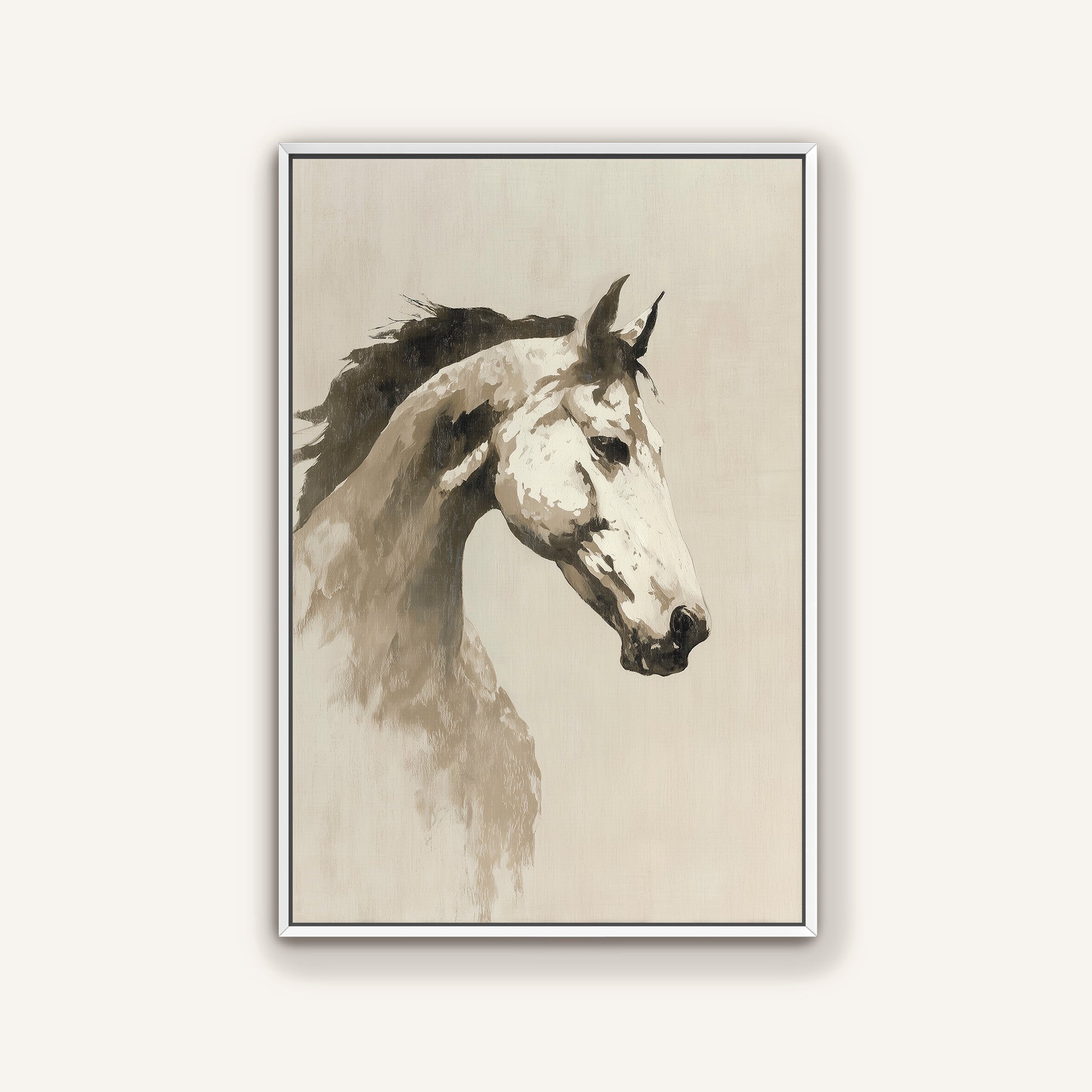 A black and white portrait of a horse, with its head turned to the side and its mane flowing.