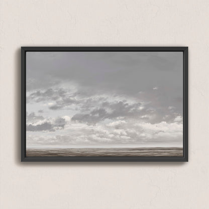 Duskfield Canvas Print framed wall art featuring tranquil gray cloudscape over a calm plain in silvers and taupes, modern coastal decor.
