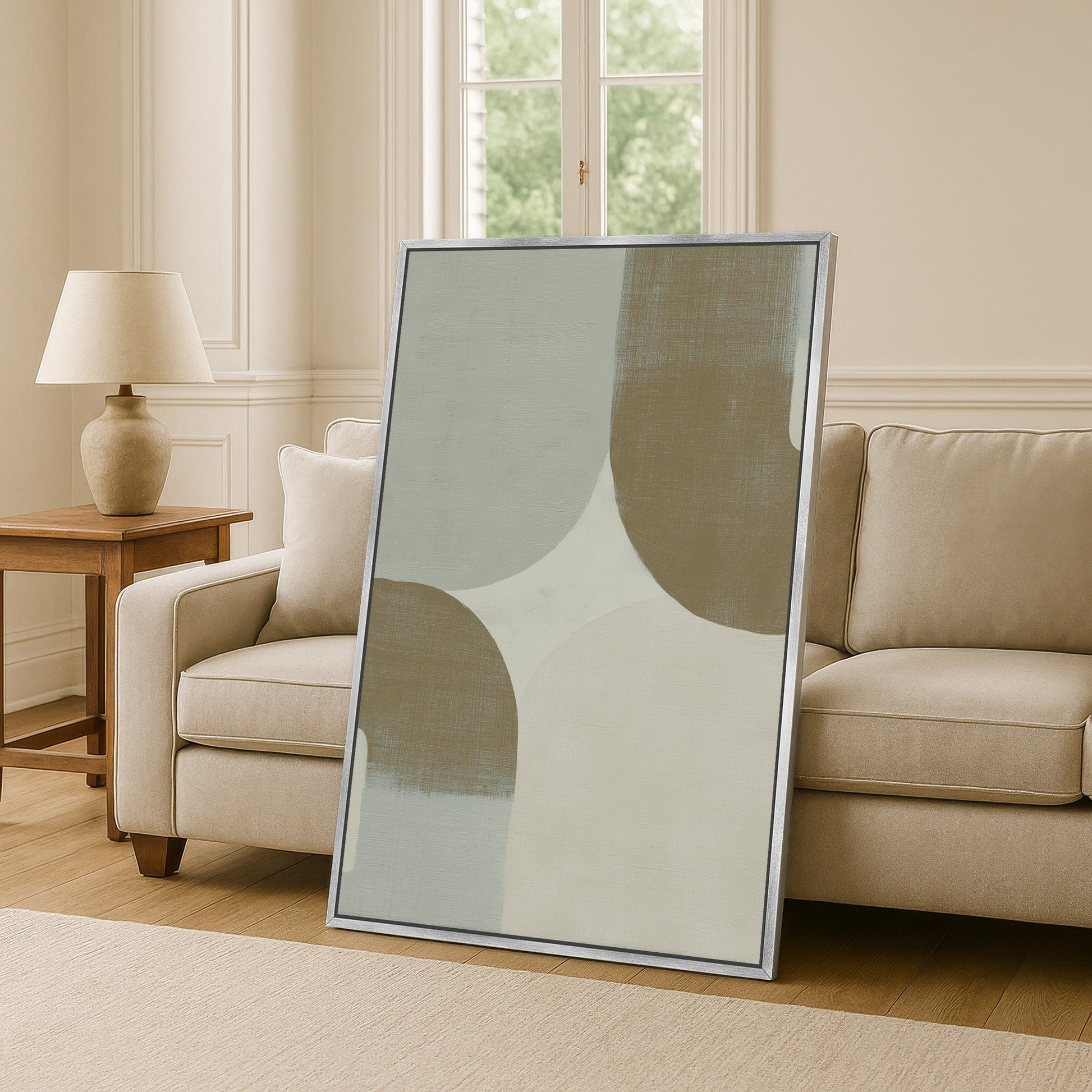 minimalist Forma Canvas Art with muted sage, ivory, and taupe geometric curves in a modern living room setting