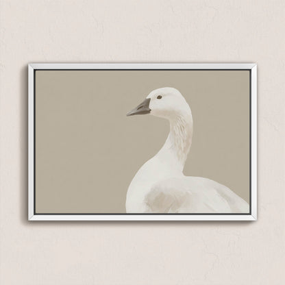 Minimalist Grace Canvas Print of a white bird in beige tones with a white frame on neutral wall