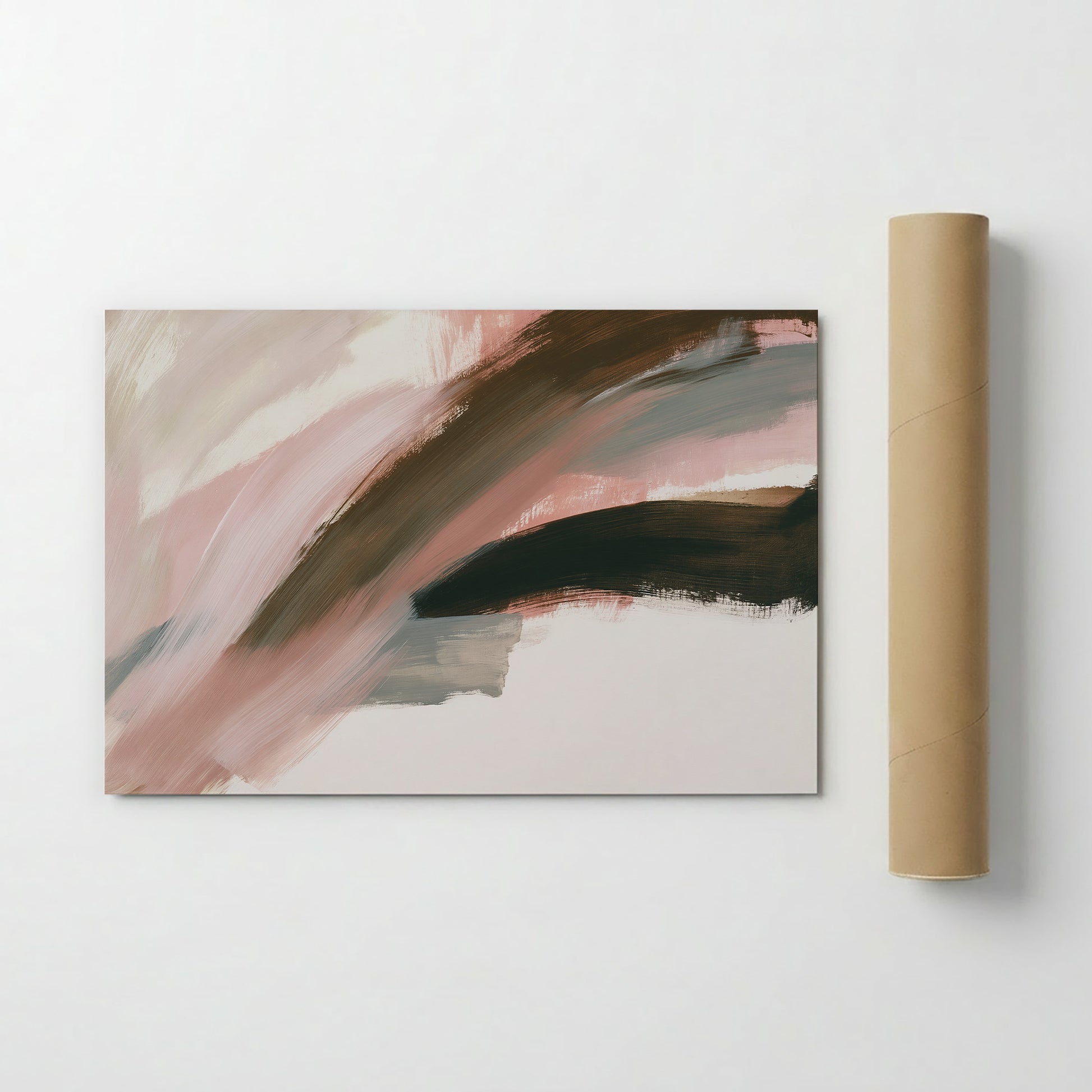 an abstract painting with a mix of pink, brown, and black colors, creating a dynamic and visually striking composition.