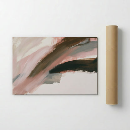 an abstract painting with a mix of pink, brown, and black colors, creating a dynamic and visually striking composition.